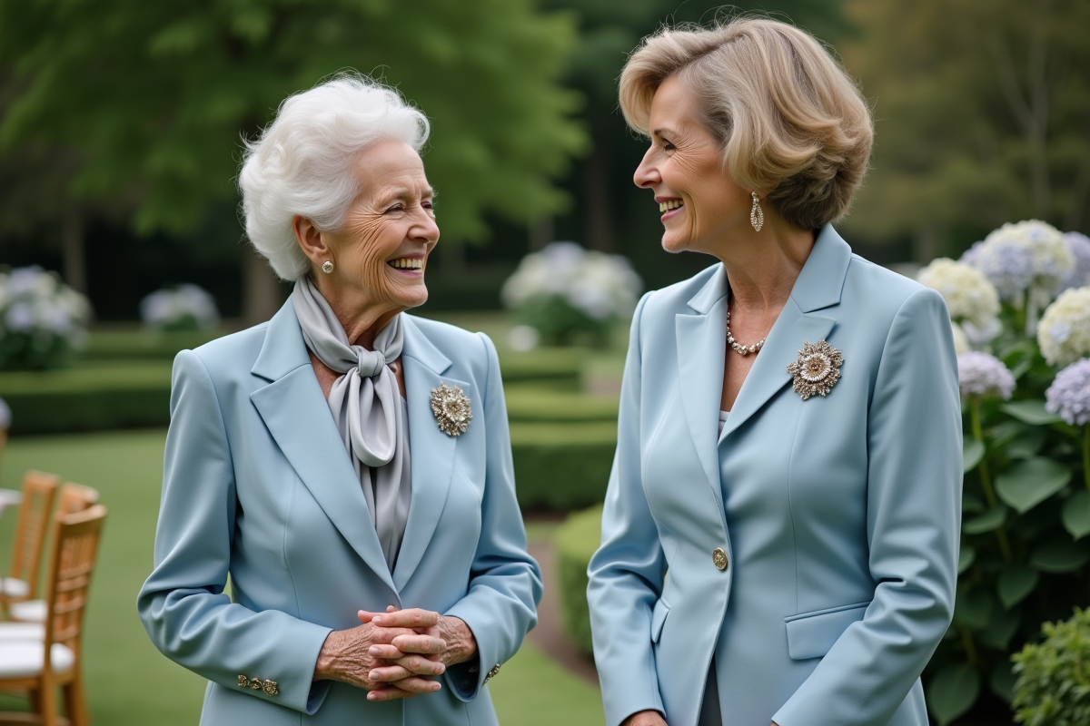 Femme en tailleur bleu clair échangeant un regard avec sa fille en jardin