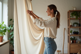 Femme drapant un tissu crème dans un salon moderne