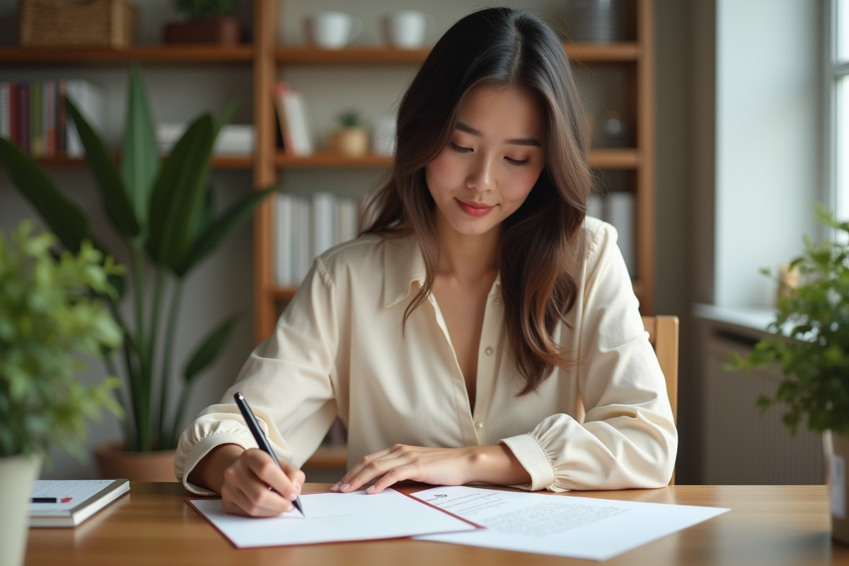 Femme écrivant annonces de mariage en intérieur