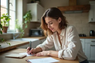 Femme écrivant une carte save the date dans une cuisine lumineuse