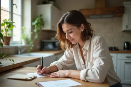 Femme écrivant une carte save the date dans une cuisine lumineuse