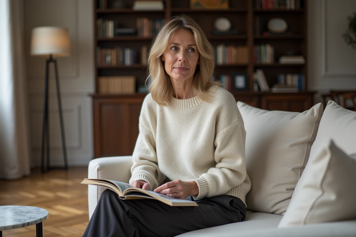 Femme élégante et pensive assise dans un appartement parisien moderne, expression introspective évoquant la vie privée et la situation sentimentale