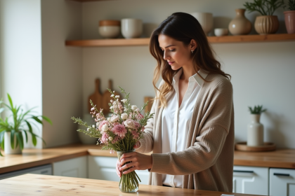Femme arrangeant un bouquet de fleurs dans la cuisine chaleureuse