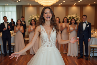 Mariée souriante lançant son bouquet lors d'une réception