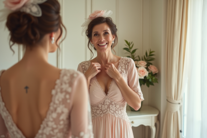 Femme élégante en robe pastel ajustée dans une suite nuptiale