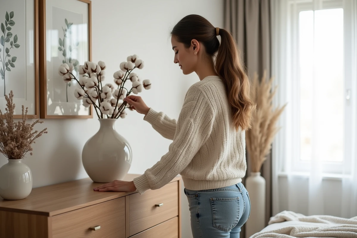 Femme arrangeant une couronne de coton dans la chambre