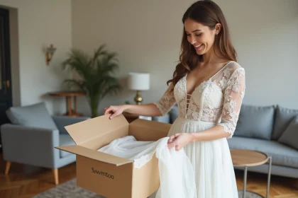 Femme souriante découvre sa robe de mariée élégante
