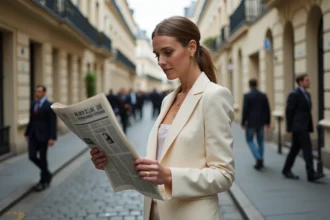 Femme élégante en costume ivoire dans une rue parisienne