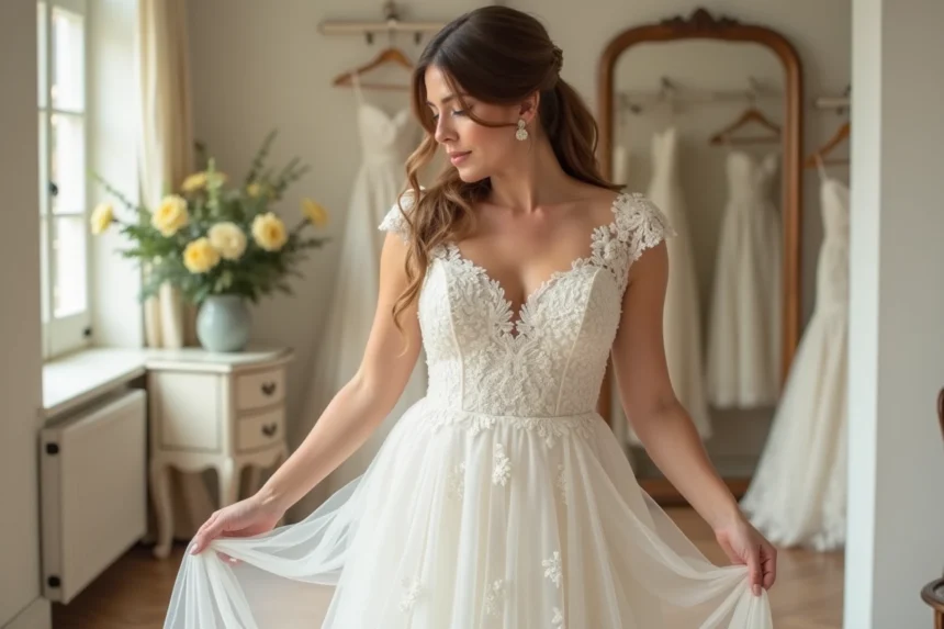 Femme ronde en robe de mariée trapèze en dentelle Chantilly et mousseline dans une boutique de mariage élégante