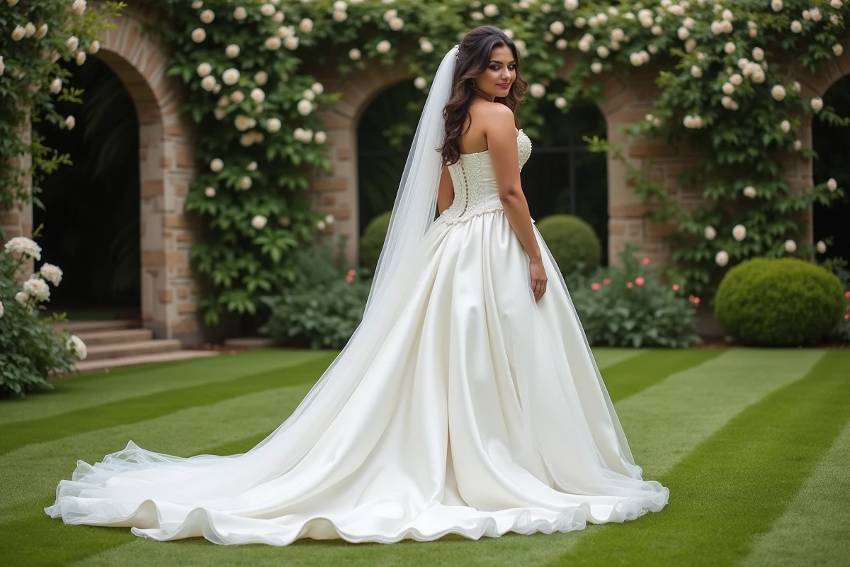 Femme ronde en robe de mariée satin mikado avec jupe en tulle volumineuse et voile cathédrale dans un jardin fleuri