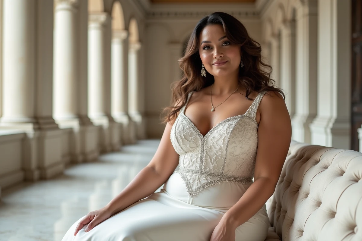 Femme ronde en robe de mariée sirène dentelle stretch et broderies perlées assise dans un hall classique en marbre