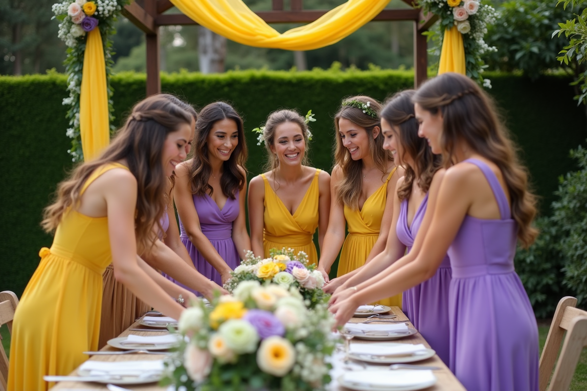 Amies en robes jaunes et violettes arrangeant des fleurs