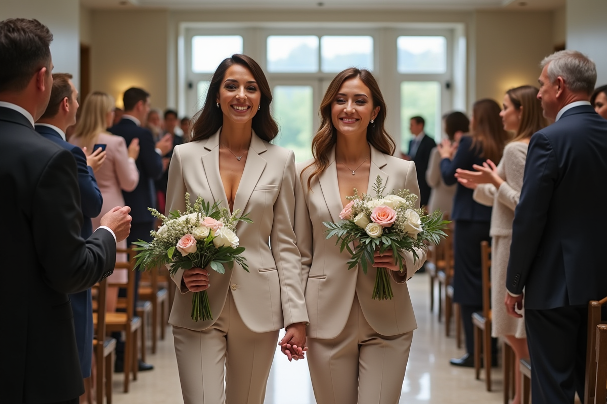 Deux femmes en costume de mariage moderne dans la mairie