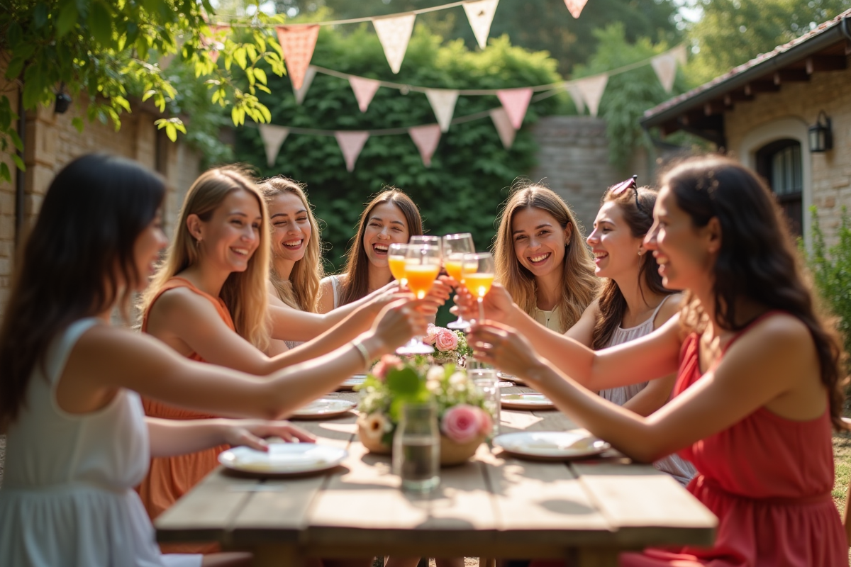 Groupe de femmes en robes d'été rieuses lors d'une fête dans un jardin