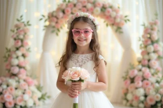 Jeune fille en robe de cérémonie blanche portant des lunettes en forme de cœur roses lors d'un mariage