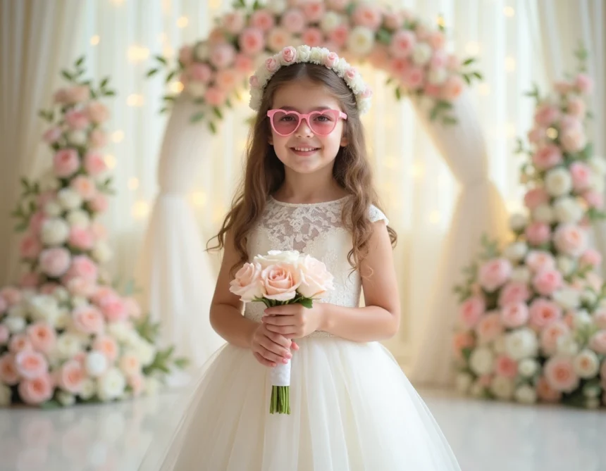 Jeune fille en robe de cérémonie blanche portant des lunettes en forme de cœur roses lors d'un mariage