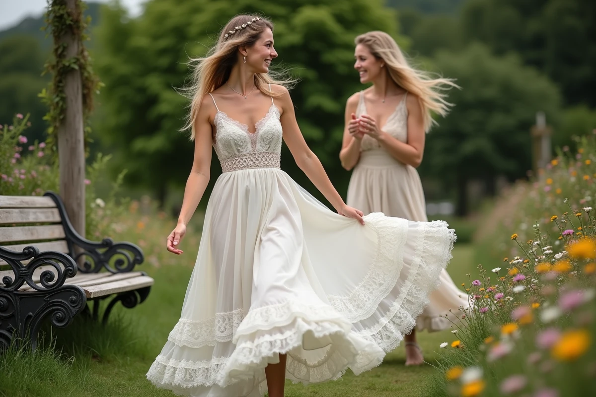 Jeune femme en robe de mariage dans un jardin fleuri