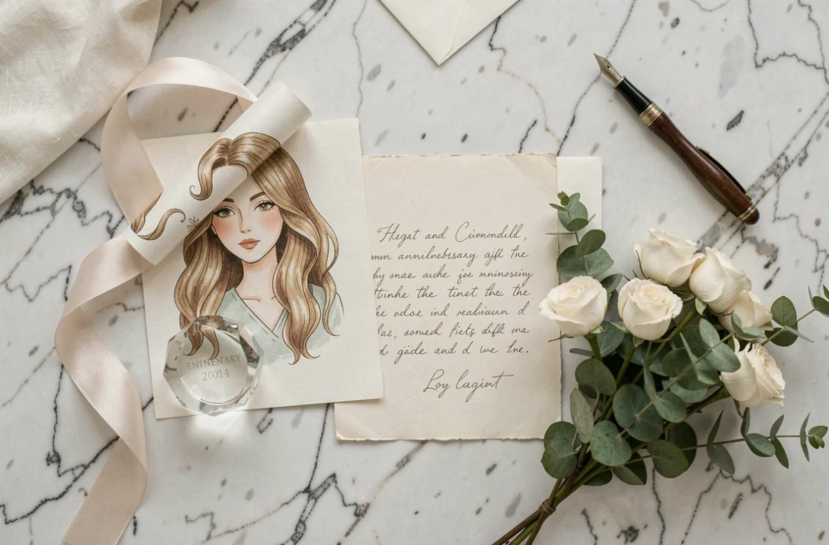Flat lay élégant de cadeaux personnalisés pour un anniversaire de 15 ans de mariage sur marbre blanc, avec portrait illustré, cristal gravé et roses séchées