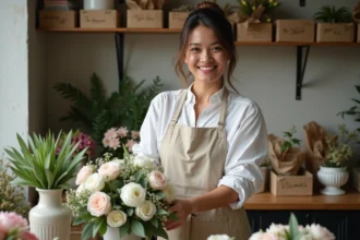 Fleuriste souriante préparant un bouquet de mariage