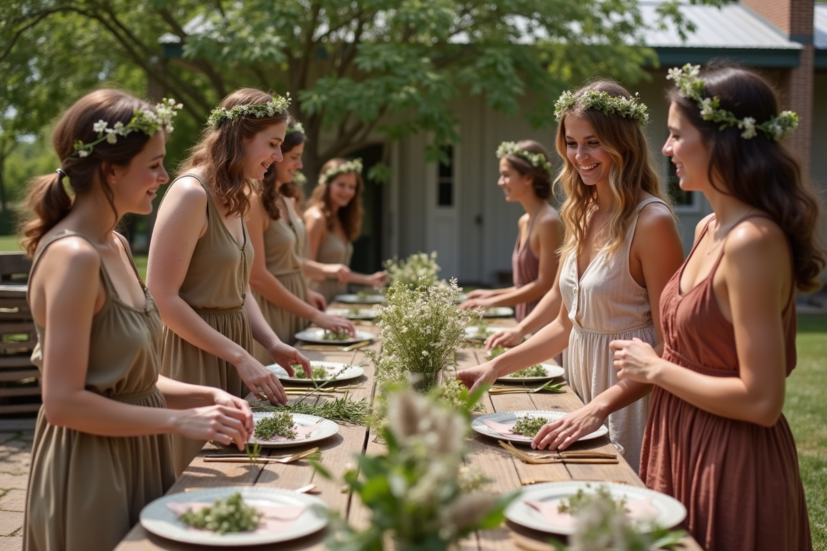 Groupe d amis arrangeant des fleurs lors d une fête