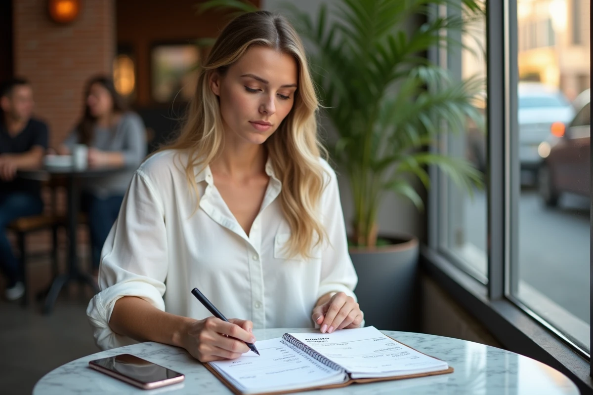Future mariée étudiant un devis de robe de mariée dans un café avec un carnet de budget et son téléphone
