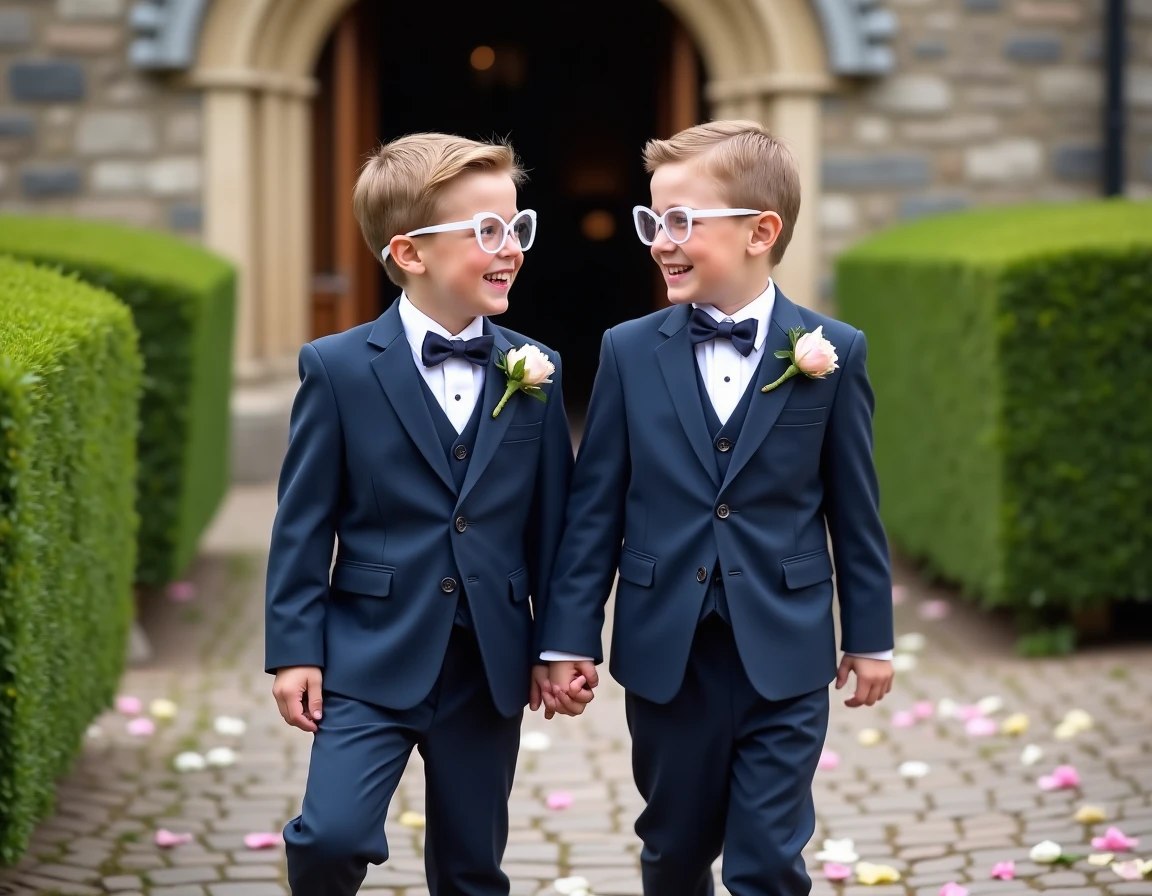 Deux garçons en costume de mariage portant des lunettes en forme de cœur transparentes devant une chapelle en pierre