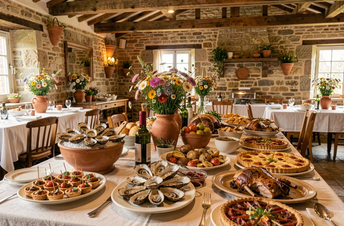 Table conviviale du Grain de Sel traiteur local à Pont-l'Abbé-d'Arnoult, garnie de spécialités régionales charentaises dans une salle de réception en pierre rustique