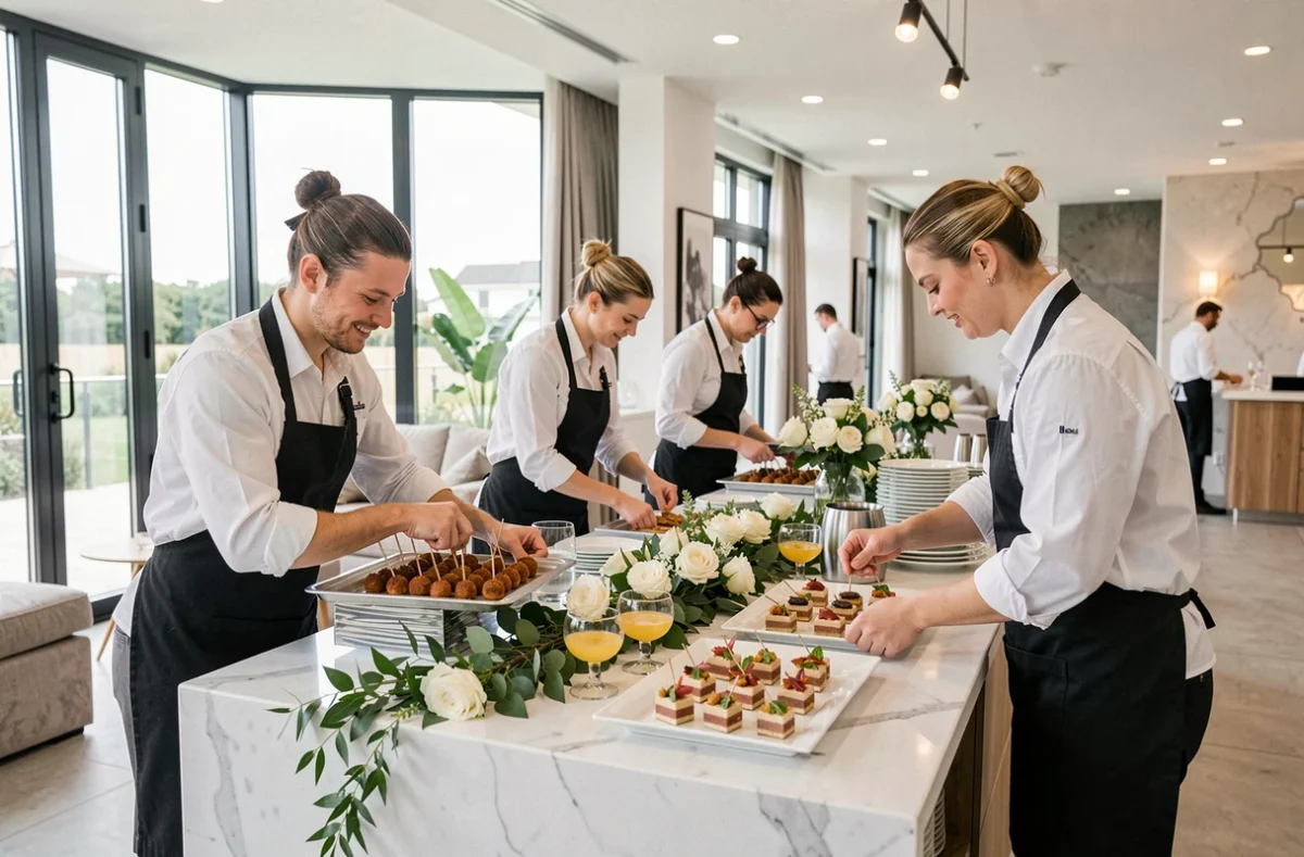 Équipe de Granville Réceptions préparant un cocktail de mariage élégant dans un espace événementiel contemporain en Charente-Maritime, avec verrines et amuse-bouches sur comptoir en marbre