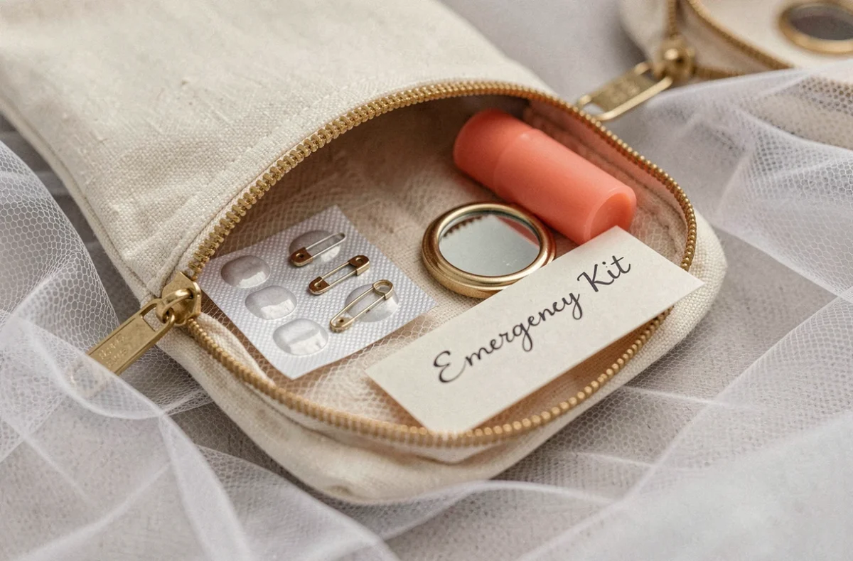 Gros plan sur l'intérieur d'une pochette kit de survie mariage fait maison posée sur tulle blanc avec accessoires d'urgence pour mariée