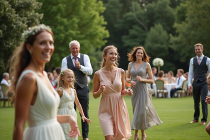 Groupe d'amis et famille lors d'une fête de mariage en plein air