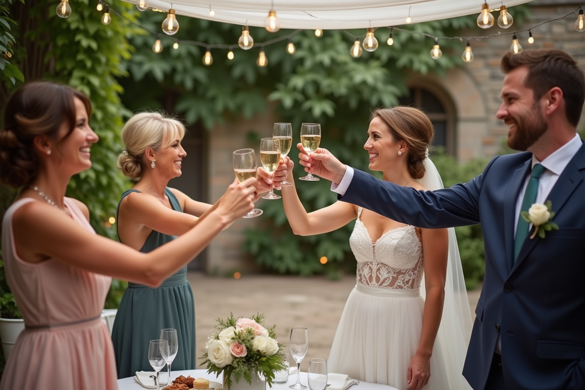 Groupe d'amis au mariage levant leur verre en extérieur