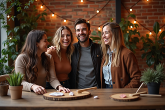 Groupe d'amis souriants devant un photomaton chic lors d'une fête