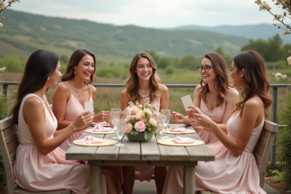 Femmes en robes pastel autour d'une table champêtre