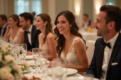 Groupe d'invites souriants lors d'un mariage élégant