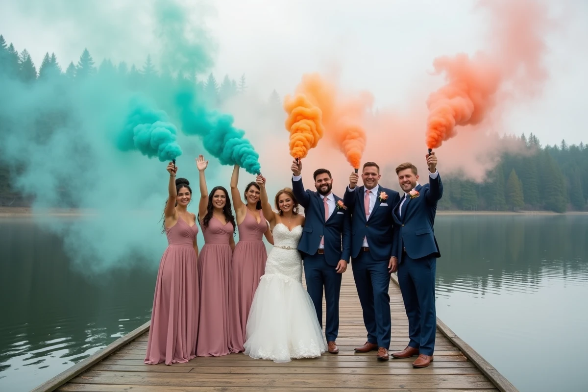 Groupe de mariés tenant des fumigènes colorés sur un ponton au bord d'un lac pour une photo de mariage festive