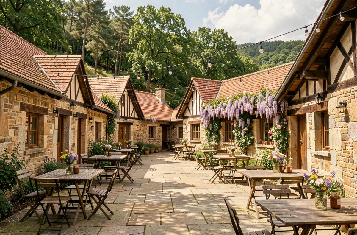 Cour intérieure du Hameau des Écureuils décorée pour un mariage, entourée de cottages en pierre basques