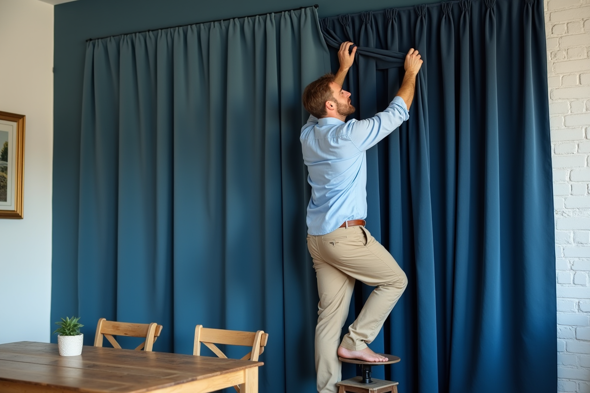 Homme fixant un tissu bleu dans une salle à manger lumineuse