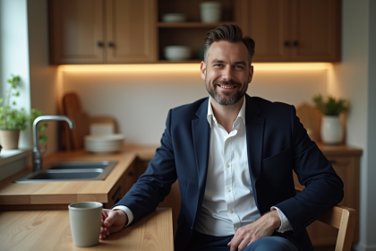 Homme en blazer assis à une table de cuisine chaleureuse