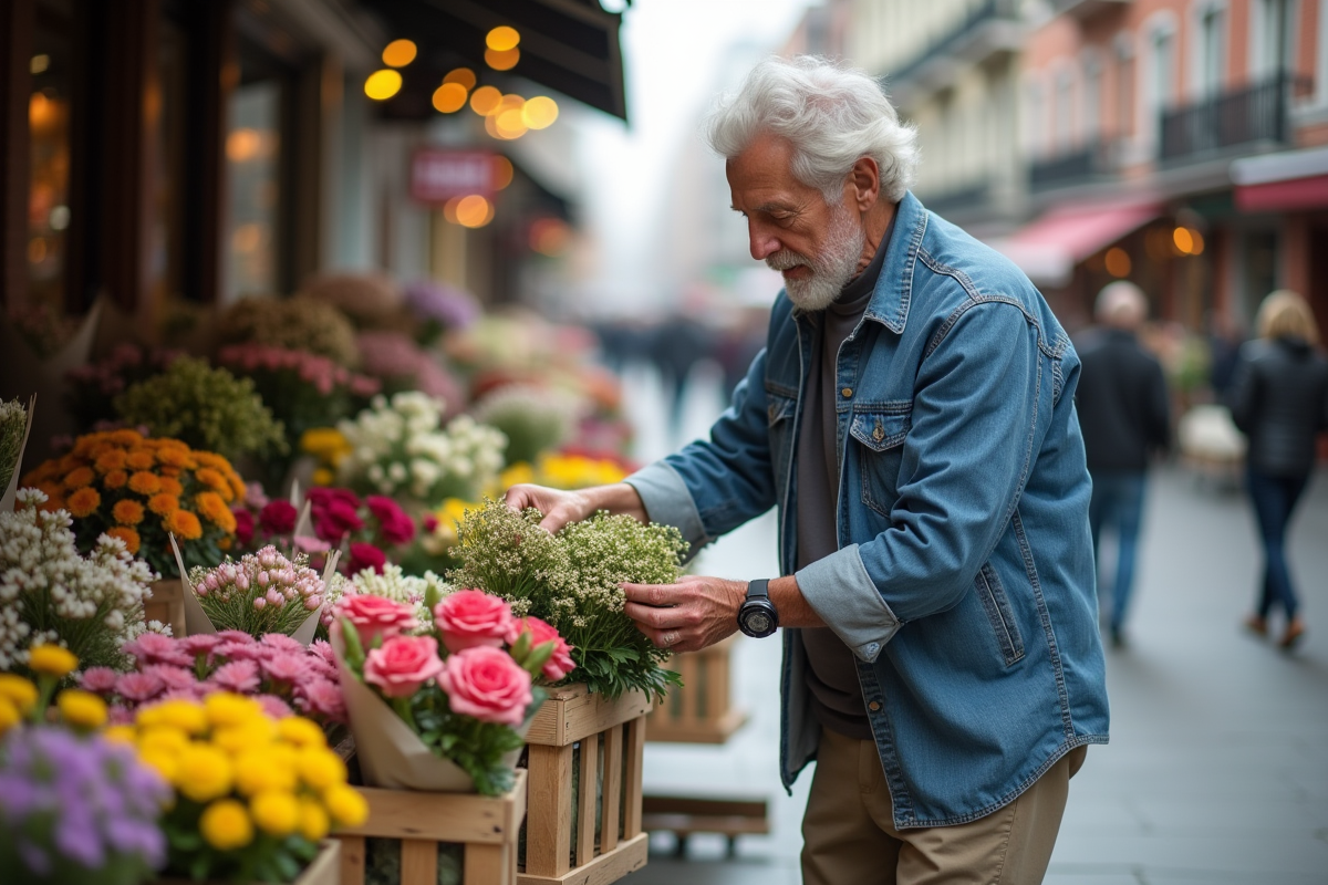 Homme âgé choisissant des fleurs sur un marché en plein air