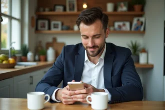 Homme marié en blanc et bleu dans une cuisine lumineuse