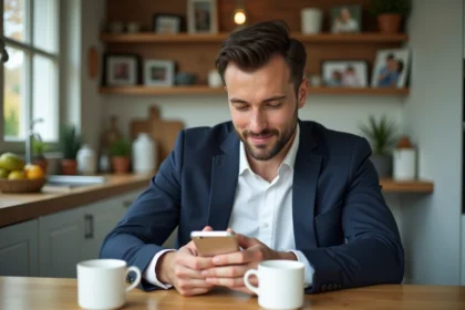 Homme marié en blanc et bleu dans une cuisine lumineuse
