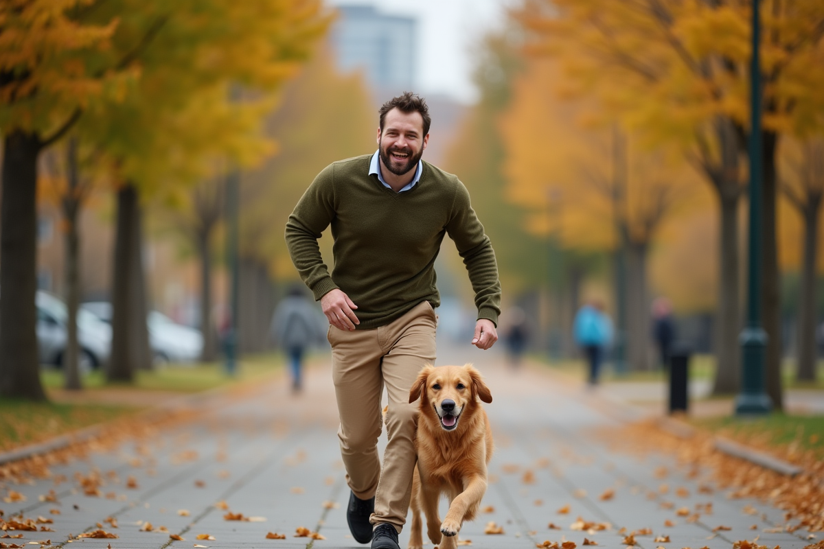 Homme jouant avec un chien dans un parc urbain automnal