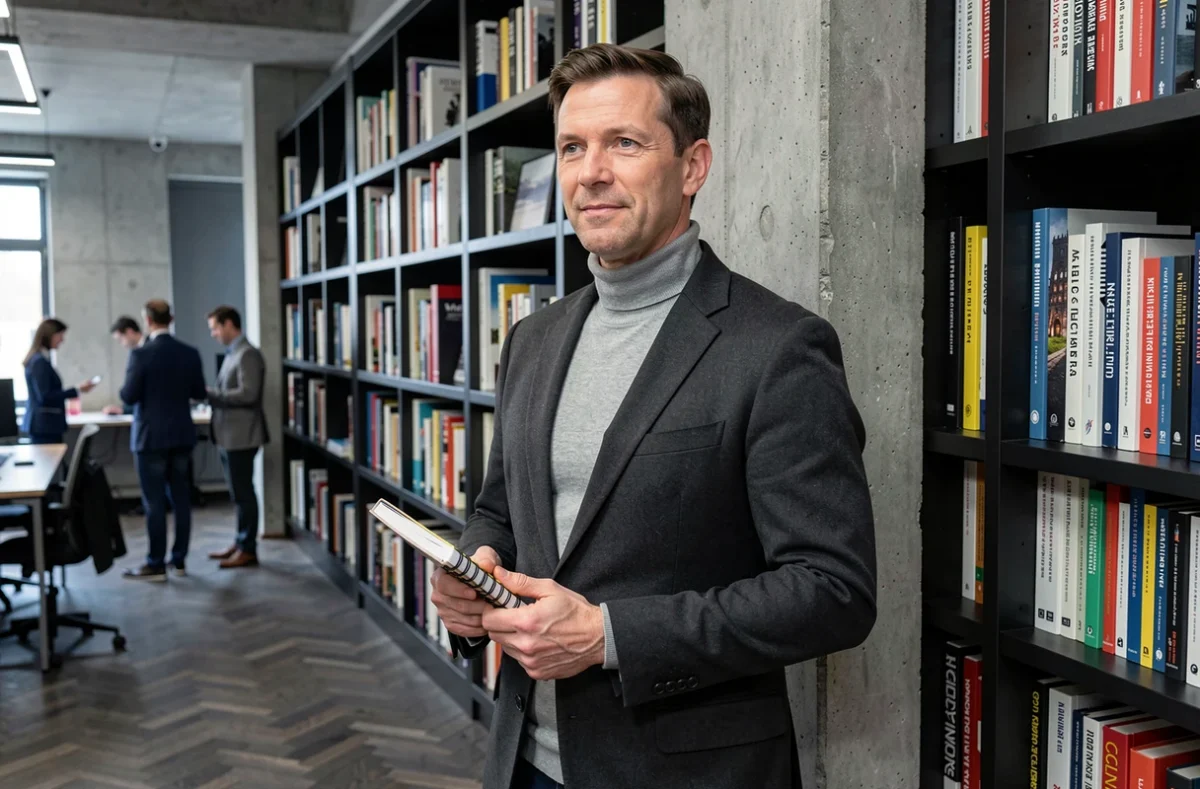 Homme professionnel en blazer charbon debout près d'une bibliothèque dans un bureau éditorial contemporain tenant un carnet