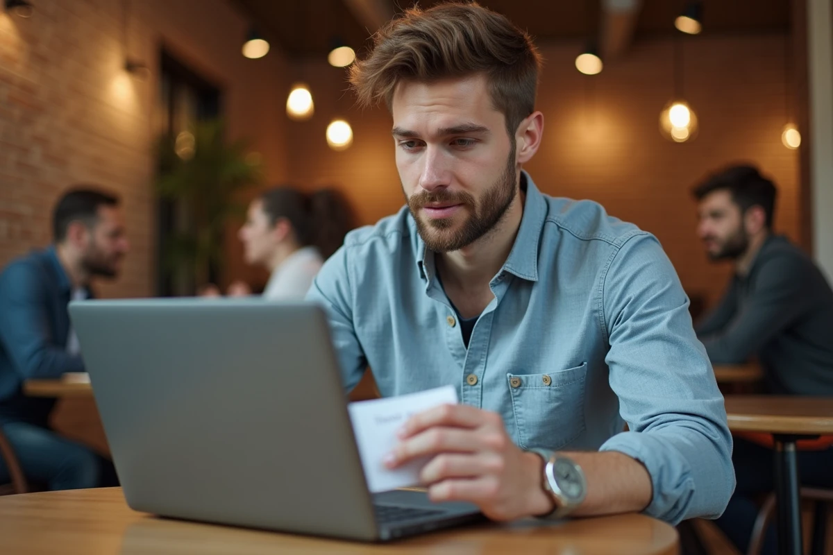 Homme rédigeant un message de remerciement sur ordinateur portable dans un café en tenant une invitation imprimée