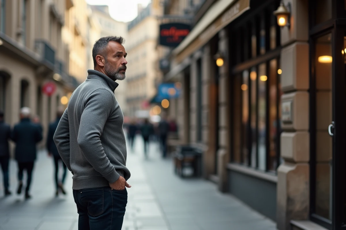 Homme en pull gris dans une rue urbaine pensif