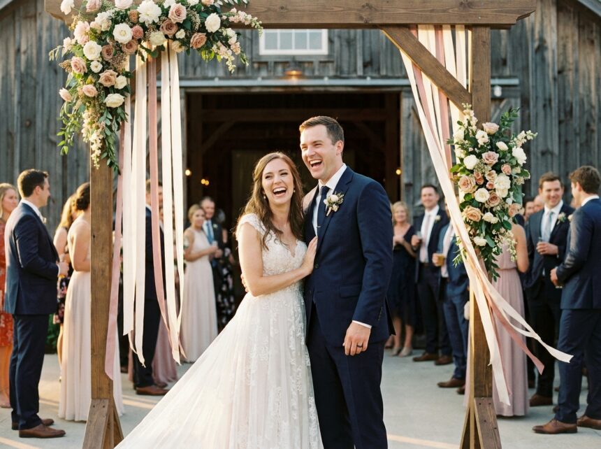 Couple de mariés souriant à l'entrée d'un lieu de réception décoré de fleurs et rubans, ambiance chaleureuse de mariage