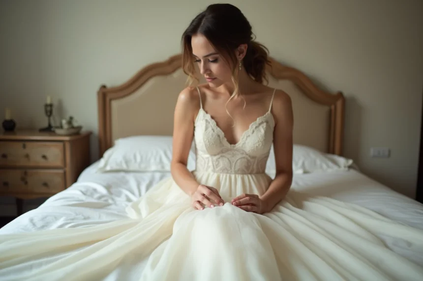 Femme inspectant délicatement sa robe de mariée ivoire en dentelle après le mariage dans une chambre cosy