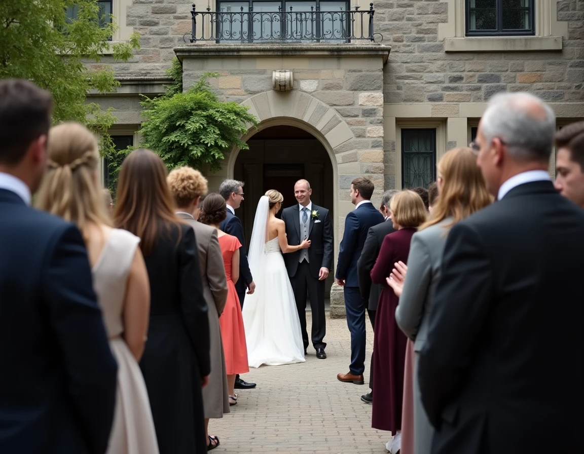Invités en tenue formelle rassemblés dans la cour d'un domaine historique québécois lors d'une réception de mariage privée