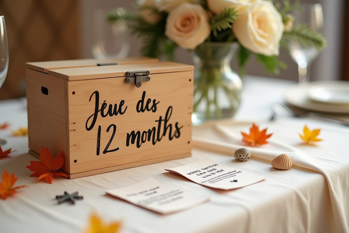 Boîte en bois du jeu des 12 mois avec des gages sur papier pour animer un mariage