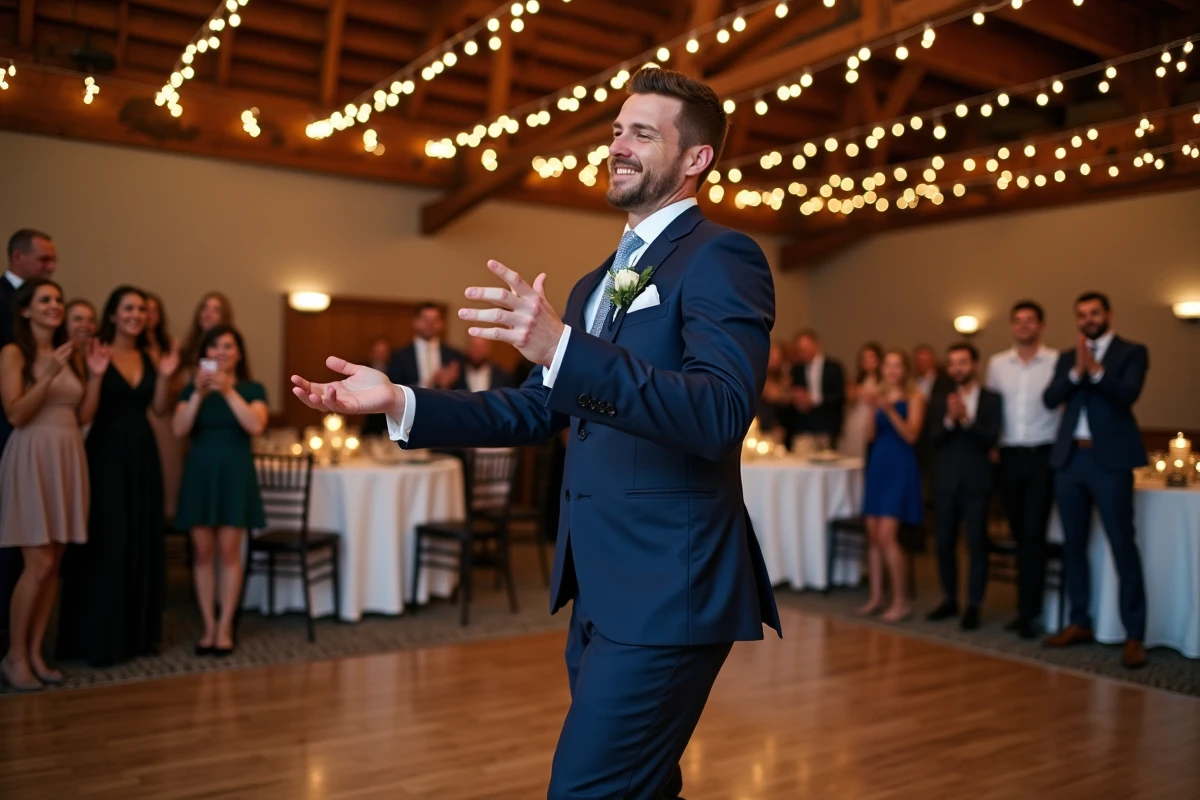 Marié réalisant un gage amusant sur la piste de danse lors d'un jeu de mariage